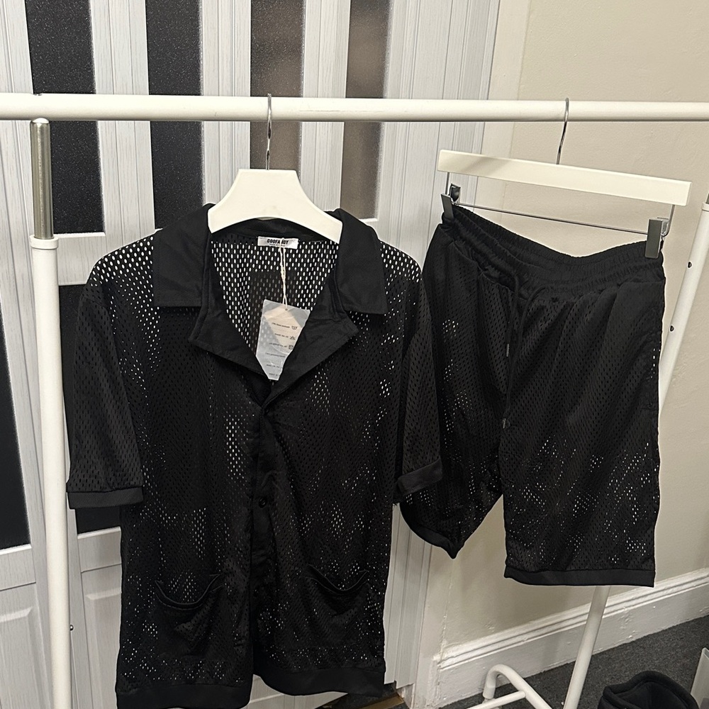 Black Mesh Button-Up Shirt
